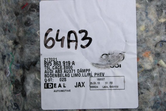 AUDI A3 SEDAN DYWAN WYKŁADZINA PODŁOGI 8V5863919A 8V5 863 367 tapicerka QA5 czarny 8V 8V5863367 8V5863367B 8V5863367C 8V5863367M