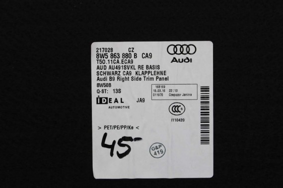 AUDI A4 B9 SEDAN BOCZEK + PAS + DYWAN BAGAŻNIKA 8W5863879F 8W5863880C 8W5863471 8W5863463A boczki bagażnik tapicerka 8W B9