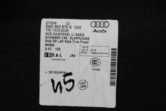 AUDI A4 B9 SEDAN BOCZEK + PAS + DYWAN BAGAŻNIKA 8W5863879F 8W5863880C 8W5863471 8W5863463A boczki bagażnik tapicerka 8W B9