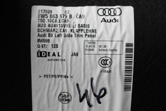 AUDI A4 B9 SEDAN BOCZEK + PAS + DYWAN BAGAŻNIKA 8W5863879B 8W5863880B 8W5863471 8W5863463A boczki bagażnik tapicerka 8W5863879F