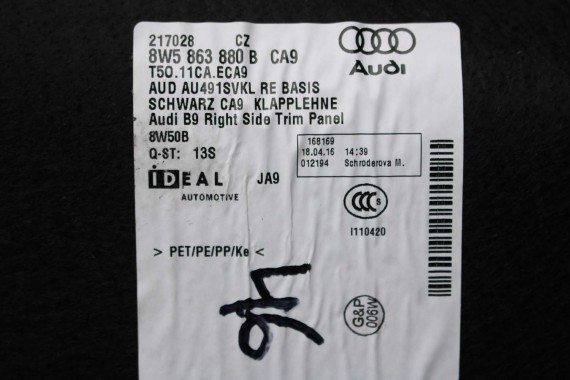 AUDI A4 B9 SEDAN BOCZEK + PAS + DYWAN BAGAŻNIKA 8W5863879B 8W5863880B 8W5863471 8W5863463A boczki bagażnik tapicerka 8W5863879F