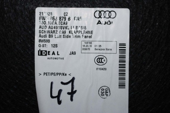 AUDI A4 B9 SEDAN BOCZEK + PAS + DYWAN BAGAŻNIKA 8W5863879B 8W5863880B 8W5863471 8W5863463A boczki bagażnik tapicerka 8W5863879F