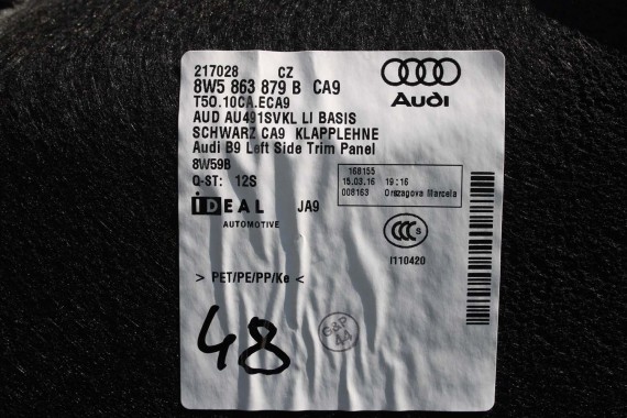 AUDI A4 B9 SEDAN BOCZEK + PAS + DYWAN BAGAŻNIKA 8W5863879B 8W5863880B 8W5863471 8W5863463A boczki bagażnik tapicerka 8W5863879F