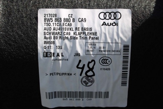 AUDI A4 B9 SEDAN BOCZEK + PAS + DYWAN BAGAŻNIKA 8W5863879B 8W5863880B 8W5863471 8W5863463A boczki bagażnik tapicerka 8W5863879F