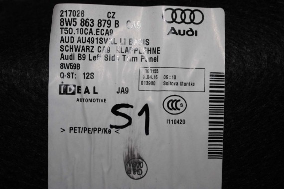 AUDI A4 B9 SEDAN BOCZEK + PAS + DYWAN BAGAŻNIKA 8W5863879B 8W5863880B 8W5863471 8W5863463A boczki bagażnik tapicerka 8W5863879F