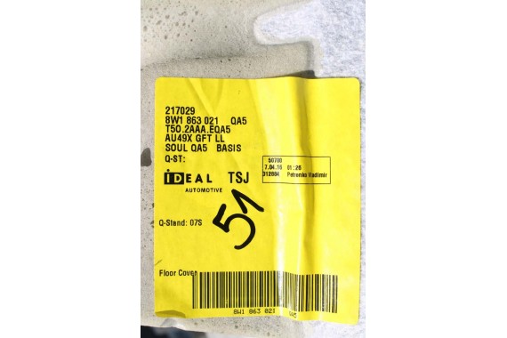 AUDI A4 A5 DYWAN WYKŁADZINA PODŁOGI 8W1863021 8W1863021A 8W1 863 021 tapicerka 8W F5 'QA5' czarny 8W1863021 8W1863021 8W1863021A