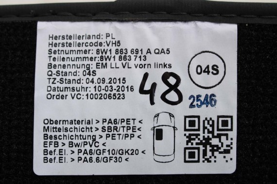 AUDI A4 A5 DYWANIKI PODŁOGI 8W1863691A 8W0864450 wycieraczki 8W1 863 691 A 8W1 863 713 8W1863714 8W0864450 8W0863723 8W0863724