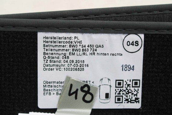 AUDI A4 A5 DYWANIKI PODŁOGI 8W1863691A 8W0864450 wycieraczki 8W1 863 691 A 8W1 863 713 8W1863714 8W0864450 8W0863723 8W0863724