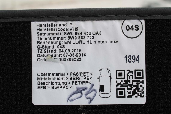AUDI A4 A5 DYWANIKI PODŁOGI 8W1863691A 8W0864450 wycieraczki 8W1 863 691 A 8W1 863 713 8W1863714 8W0864450 8W0863723 8W0863724