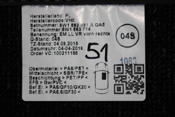 AUDI A4 A5 DYWANIKI PODŁOGI 8W1863691A 8W0864450 wycieraczki 8W1 863 691 A 8W1 863 713 8W1863714 8W0864450 8W0863723 8W0863724