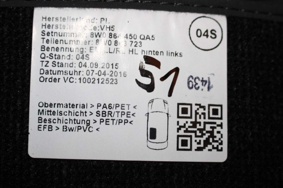 AUDI A4 A5 DYWANIKI PODŁOGI 8W1863691A 8W0864450 wycieraczki 8W1 863 691 A 8W1 863 713 8W1863714 8W0864450 8W0863723 8W0863724
