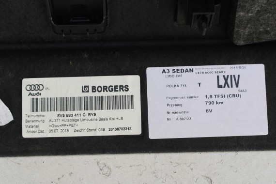 AUDI A3 SEDAN PÓŁKA TYLNA 8V5863411C 8V5863411B 8V5863411H BAGAŻNIKA 8V5 863 411 Kolor: RY9 8V8V5863411J 8V5863411H 8V5863411