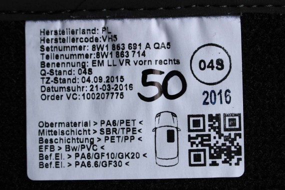 AUDI A4 A5 DYWANIKI PODŁOGI 8W1863691A 8W0864450 wycieraczki 8W1 863 691 A 8W1 863 713 8W1863714 8W0864450 8W0863723 8W0863724