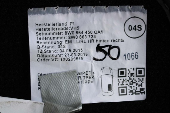AUDI A4 A5 DYWANIKI PODŁOGI 8W1863691A 8W0864450 wycieraczki 8W1 863 691 A 8W1 863 713 8W1863714 8W0864450 8W0863723 8W0863724