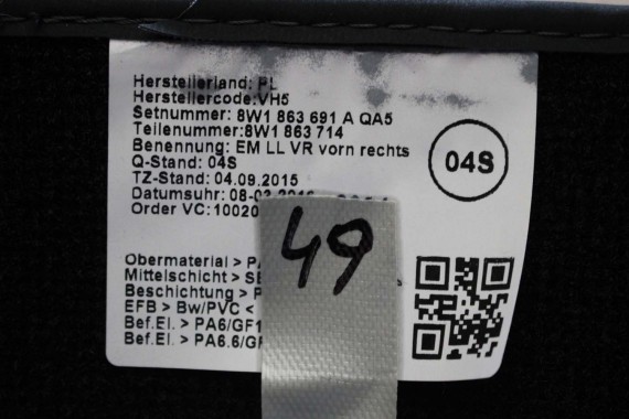 AUDI A4 A5 DYWANIKI PODŁOGI 8W1863691A 8W0864450 wycieraczki 8W1 863 691 A 8W1 863 713 8W1863714 8W0864450 8W0863723 8W0863724