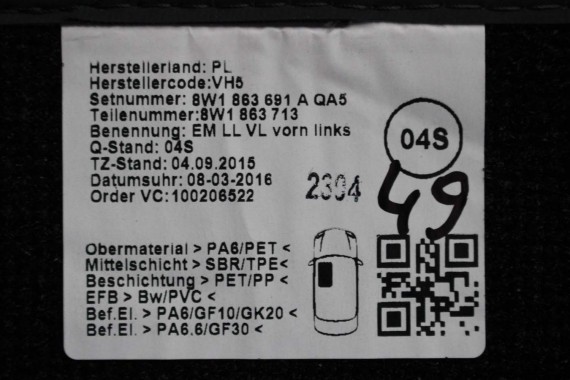 AUDI A4 A5 DYWANIKI PODŁOGI 8W1863691A 8W0864450 wycieraczki 8W1 863 691 A 8W1 863 713 8W1863714 8W0864450 8W0863723 8W0863724