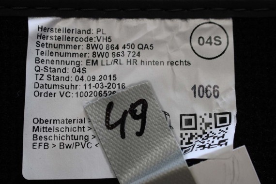 AUDI A4 A5 DYWANIKI PODŁOGI 8W1863691A 8W0864450 wycieraczki 8W1 863 691 A 8W1 863 713 8W1863714 8W0864450 8W0863723 8W0863724