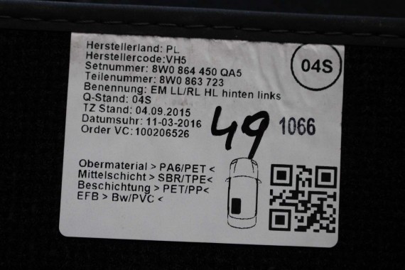 AUDI A4 A5 DYWANIKI PODŁOGI 8W1863691A 8W0864450 wycieraczki 8W1 863 691 A 8W1 863 713 8W1863714 8W0864450 8W0863723 8W0863724