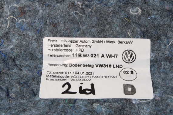 VW ID4 Pro WYKŁADZINA DYWAN PODŁOGI 11B863021A Kolor WH7czarny tapicerka 11B863021B 11B863021C 11B863021A 11B863021A 11B863021