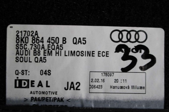 AUDI A4 8K A5 DYWANIKI PODŁOGI 8K1863691F 8K0864450B wycieraczki 8K1863691H 8K0864450C 'QA5' czarny soul) LIFT 8K0 864 450 B 8T8