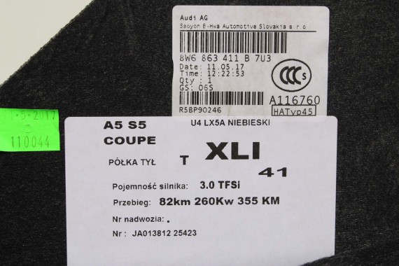AUDI A5 PÓŁKA TYLNA RW7 czarna 8W6863411B 8W6 863 411 B 8W 2016- B&O Bang & Olufsen 8W6863411B 8W6863411A 8W6863411B 8W6863411A