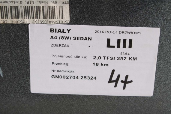 AUDI A4 SEDAN TYŁ ZDERZAK tylny + KLAPA BAGAŻNIKA 8W B9 2Y2Y LS9R biały ZESTAW KOMPLET 8W5827025 8W5807511 8W5807067 8W5807521