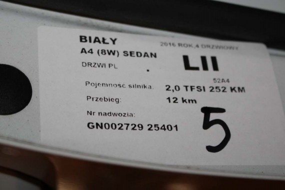AUDI A4 SEDAN 8W B9 LS9R DRZWI LEWE PRZÓD + TYŁ STRONA LEWA przednie + tylne 2 sztuki 2Y2Y 8W0831051 8W5833051 8W0831051A białe