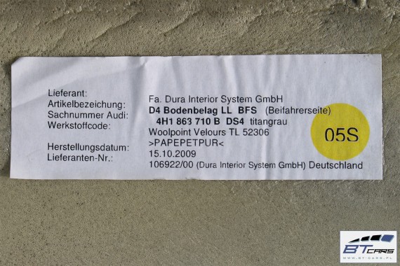 AUDI A8 DYWAN PODŁOGI WYKŁADZINA PRZEDNIA 4H1863710B 4H1863709B 4H1 863 710 B DYWANY DS4 szary tytanowy 4H1863710B 4H1863709B d4