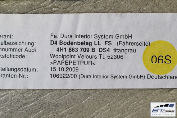 AUDI A8 DYWAN PODŁOGI WYKŁADZINA PRZEDNIA 4H1863710B 4H1863709B 4H1 863 710 B DYWANY DS4 szary tytanowy 4H1863710B 4H1863709B d4