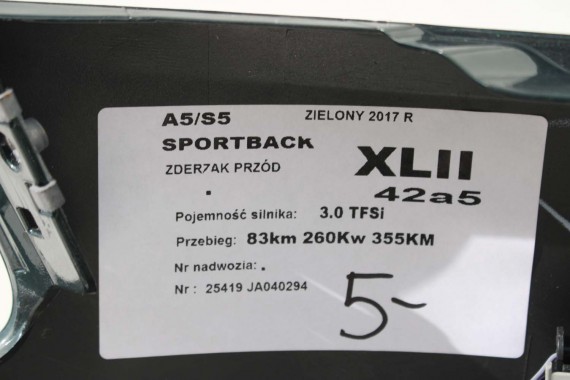 AUDI A5 S5 F5 PRZÓD LX6W maska błotnik pas przedni zderzak lampy 8W Q6Q6 ZIELONY wzmocnienie błotniki 8W6 3.0 TFSi 8W6941035E