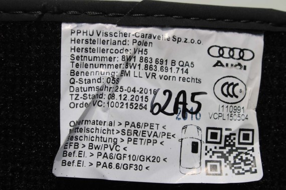 AUDI A4 A5 DYWANIKI PODŁOGI 8W1863691A 8W0864450 wycieraczki 8W1 863 691 A 8W1 863 713 8W1863714 8W0864450 8W0863723 8W0863724