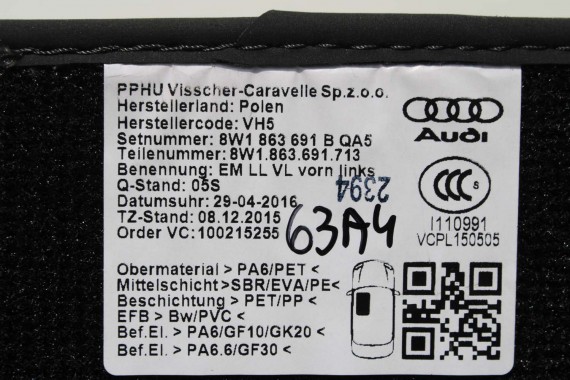 AUDI A4 A5 DYWANIKI PODŁOGI 8W1863691A 8W0864450 wycieraczki 8W1 863 691 A 8W1 863 713 8W1863714 8W0864450 8W0863723 8W0863724