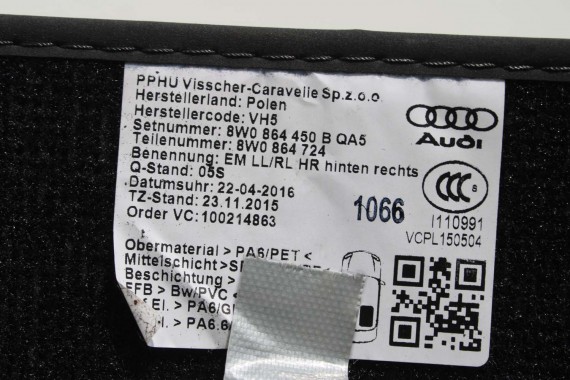 AUDI A4 A5 DYWANIKI PODŁOGI 8W1863691A 8W0864450 wycieraczki 8W1 863 691 A 8W1 863 713 8W1863714 8W0864450 8W0863723 8W0863724