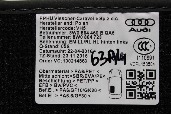 AUDI A4 A5 DYWANIKI PODŁOGI 8W1863691A 8W0864450 wycieraczki 8W1 863 691 A 8W1 863 713 8W1863714 8W0864450 8W0863723 8W0863724