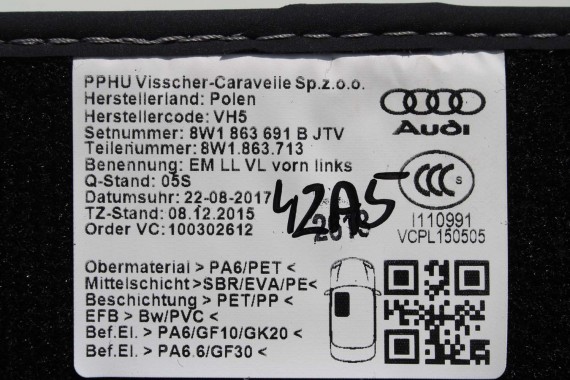 AUDI S4 S5 DYWANIKI PODŁOGI 8W1863691B 8W0864450B wycieraczki 8W1863691B 8W1863713 8W1863714 8W0864450 8W0863723 8W0863724 A4 A5