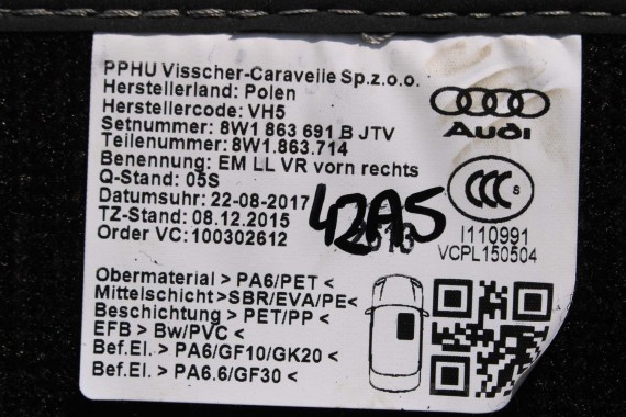 AUDI S4 S5 DYWANIKI PODŁOGI 8W1863691B 8W0864450B wycieraczki 8W1863691B 8W1863713 8W1863714 8W0864450 8W0863723 8W0863724 A4 A5