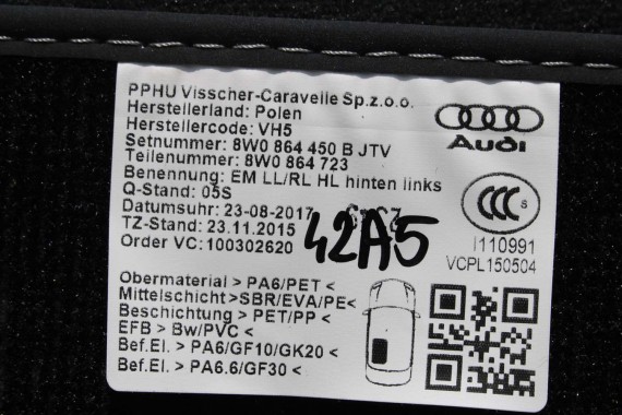AUDI S4 S5 DYWANIKI PODŁOGI 8W1863691B 8W0864450B wycieraczki 8W1863691B 8W1863713 8W1863714 8W0864450 8W0863723 8W0863724 A4 A5