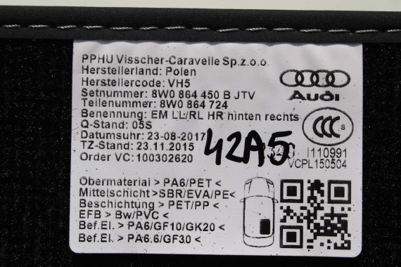AUDI S4 S5 DYWANIKI PODŁOGI 8W1863691B 8W0864450B wycieraczki 8W1863691B 8W1863713 8W1863714 8W0864450 8W0863723 8W0863724 A4 A5