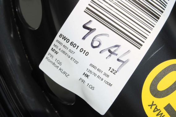 AUDI A4 A5 KOŁO DOJAZDOWE 19 DOJAZDÓWKA ZAPAS 8W0601027 4,00B*19H2 ET22 HANKOOK S300 125/70/19 100M 8W0601027C 8W B9 8W6 F5
