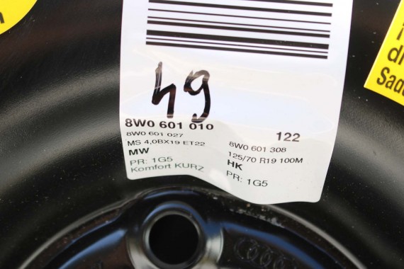 AUDI A4 A5 KOŁO DOJAZDOWE 19 DOJAZDÓWKA ZAPAS 8W0601027 4,00B*19H2 ET22 HANKOOK S300 125/70/19 100M 8W0601027C 8W B9 8W6 F5