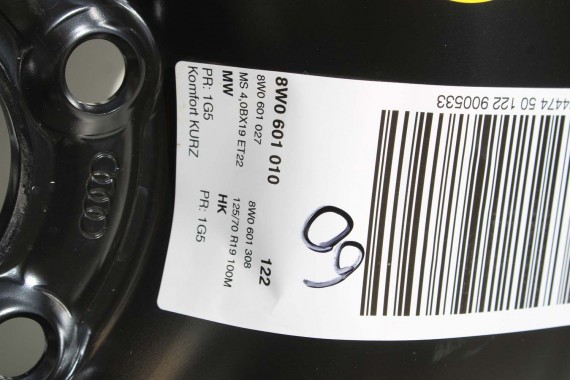 AUDI A4 A5 KOŁO DOJAZDOWE 19 DOJAZDÓWKA ZAPAS 8W0601027 4,00B*19H2 ET22 HANKOOK S300 125/70/19 100M 8W0601027C 8W B9 8W6 F5