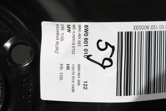 AUDI A4 A5 KOŁO DOJAZDOWE 19 DOJAZDÓWKA ZAPAS 8W0601027 4,00B*19H2 ET22 HANKOOK S300 125/70/19 100M 8W0601027C 8W B9 8W6 F5
