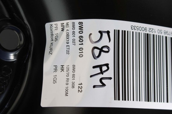 AUDI A4 A5 KOŁO DOJAZDOWE 19 DOJAZDÓWKA ZAPAS 8W0601027 4,00B*19H2 ET22 HANKOOK S300 125/70/19 100M 8W0601027C 8W B9 8W6 F5