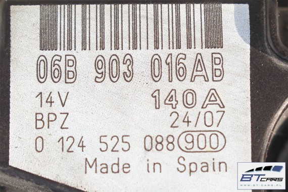 VW AUDI ALTERNATOR 140A 06B903016AB 06B903019EX 06B 903 016 AB BOSCH 2.0 TFSi silnik benzyna 0124525088 SEAT SKODA 06B903016AB