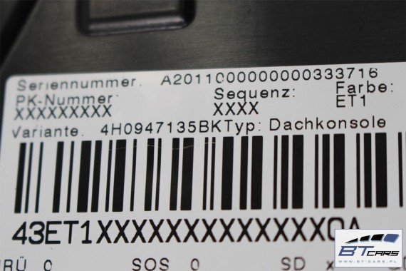 AUDI A8 LAMPKA OŚWIETLENIE PODSUFITKI 4H0947135BK kabiny 4H D4 4H0 947 135 BK ET1 - kryształowo srebrny 4H0947135BK 4H0947135BK