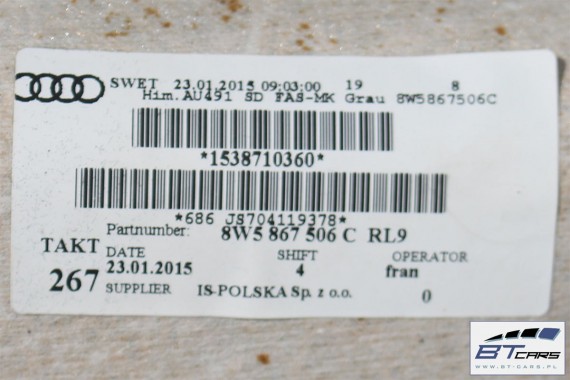 AUDI A4 SEDAN PODSUFITKA szara 8W5867506C 8W5 867 506 C 8W5867506G 8W5 867 506 G RL9 szary tytanowy 8W B9 8W5867506L 8W5867506C