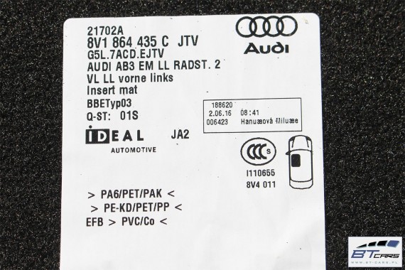 AUDI A3 SPORTBACK DYWANIKI PODŁOGI S-LINE 8V1863691 8V4864451C 8V4864452C 8V1864435C 8V1864436C 8V1864435 wycieraczki 8V1863691C