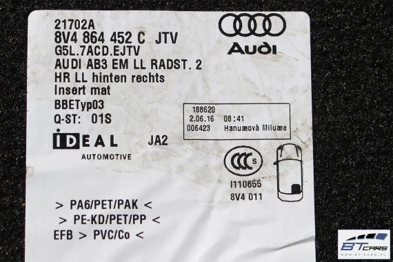 AUDI A3 SPORTBACK DYWANIKI PODŁOGI S-LINE 8V1863691 8V4864451C 8V4864452C 8V1864435C 8V1864436C 8V1864435 wycieraczki 8V1863691C