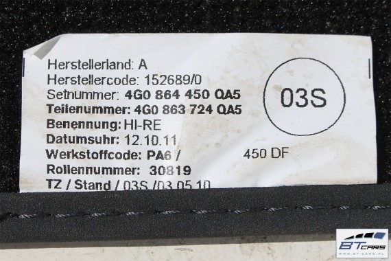 AUDI A6 A7 FL DYWANIKI PODŁOGI 4G1863691 4G0864450 wycieraczki 4G0864450 4G1 863 691 QA5 czarny 4G1863691 4G0864450 4G1863691