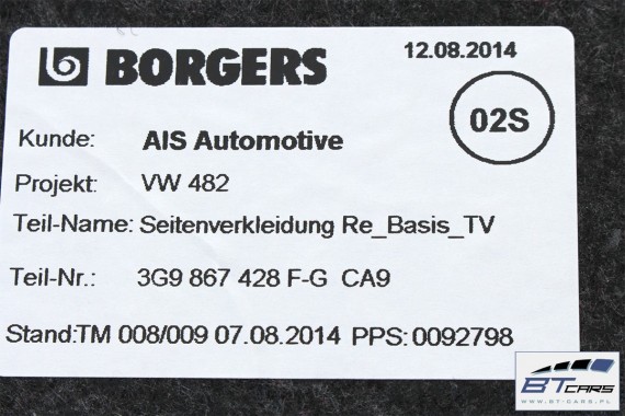 VW PASSAT B8 KOMBI BOCZEK + DYWAN BAGAŻNIKA 3G9867427A 3G9867428F 3G9867428G 3G9863463  3G boczki bagażnik tapicerka 3G9 863 463